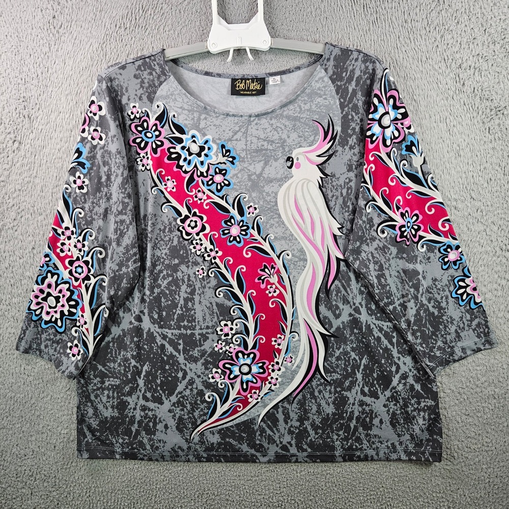 Bob Mackie Wearable Art Women's XL Colorful Parrot Floral 3/4 Sleeve Top